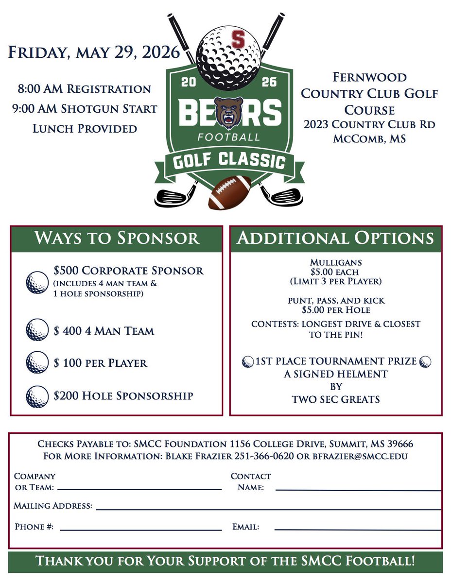 smccfootball's tweet photo. Join us for our Golf Fundraiser ⛳️

A day of competition, networking, and supporting a great cause 🔥🔥

Secure your spot today‼️
#BiteDown🐻 https://t.co/lrw4oZDCX5