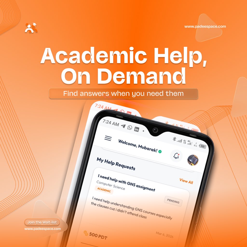 PadeeSpace's tweet photo. padeeSpace is the central hub for Nigerian university students to seamlessly collaborate, find expert study partners, get instant help with complex assignments, and securely monetize their academic knowledge.

Join the waitlist —> https://t.co/wzZRzsoCFq https://t.co/dzUkPxzmHO