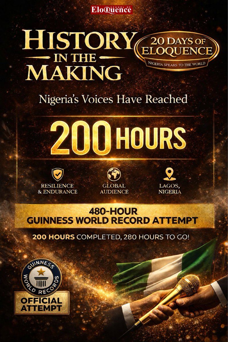 SchoolEloquence's tweet photo. 200 HOURS.

Nigeria is speaking to the world 🇳🇬
Voices rising. Ideas flowing.
An official  @GWR Attempt for the longest public speaking relay and marathon combined by a team 
📍 Ikoyi, Lagos
🎤 20 Days of Eloquence
⏳ 280 hours to go

This is more than a record.
This is a statement.
#20DaysOfEloquence #NigeriaSpeaks #GWR #HistoryInTheMaking