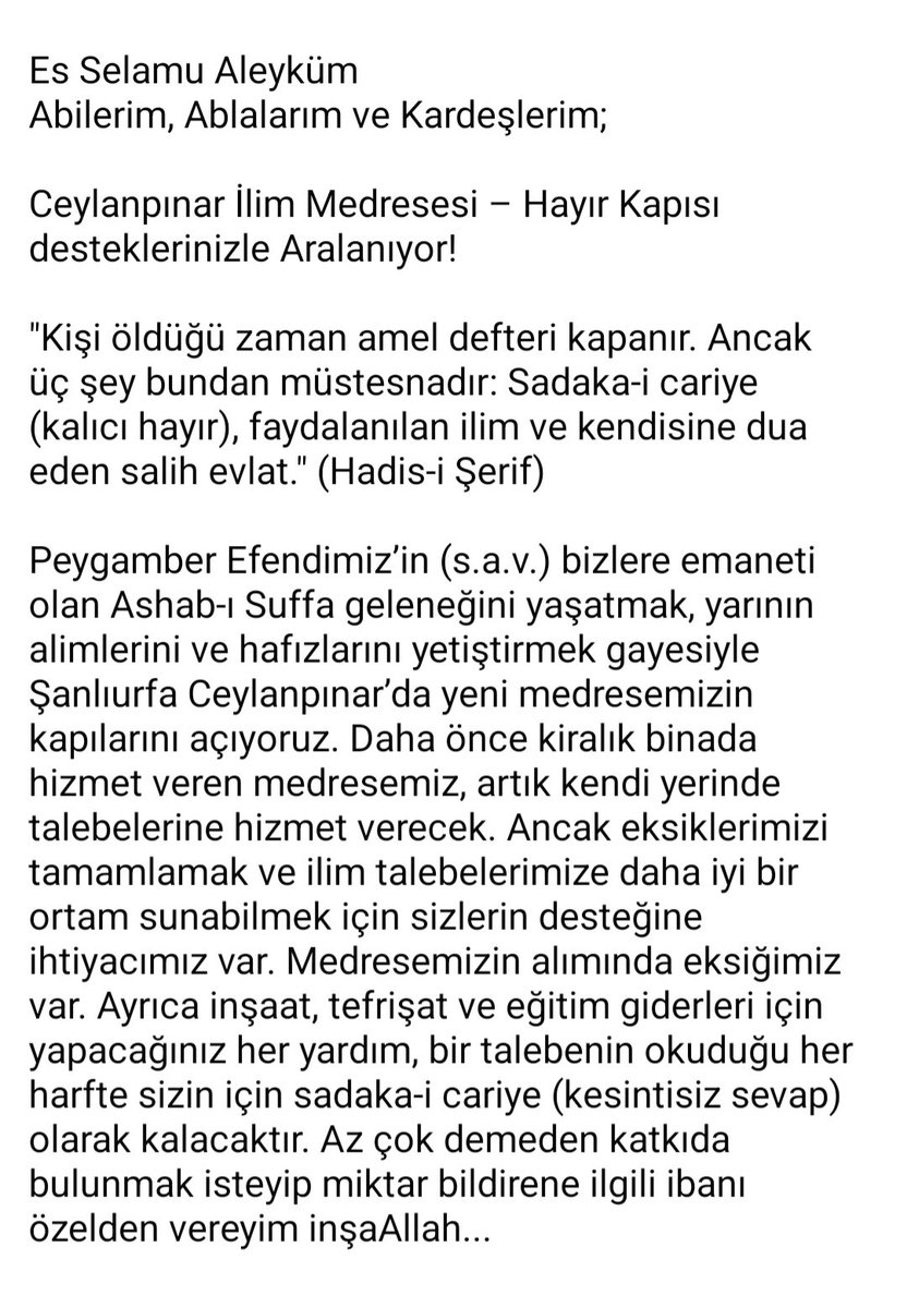 beytullahselcuk's tweet photo. Ceylanpınar İlim Medresesi – Hayır Kapısı desteklerinizle Aralanıyor! 

​"Kişi öldüğü zaman amel defteri kapanır. Ancak 
üç şey bundan müstesnadır: Sadaka-i cariye 
(kalıcı hayır), faydalanılan ilim ve kendisine dua eden salih evlat." (Hadis-i Şerif) https://t.co/19pgHUM4C1
