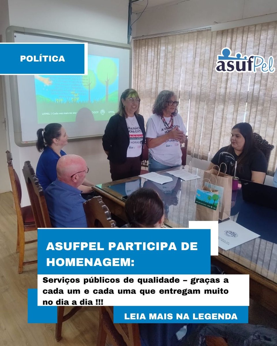 Serviços públicos de qualidade – graças a cada um e cada uma que entregam muito no dia a dia!

O ASUFPel, por meio da pasta responsável, esteve presente nesta quinta-feira, 9 de abril, em uma homenagem, prestada pela  UFPel ... 

Texto na integra disponível no site e Facebook.
