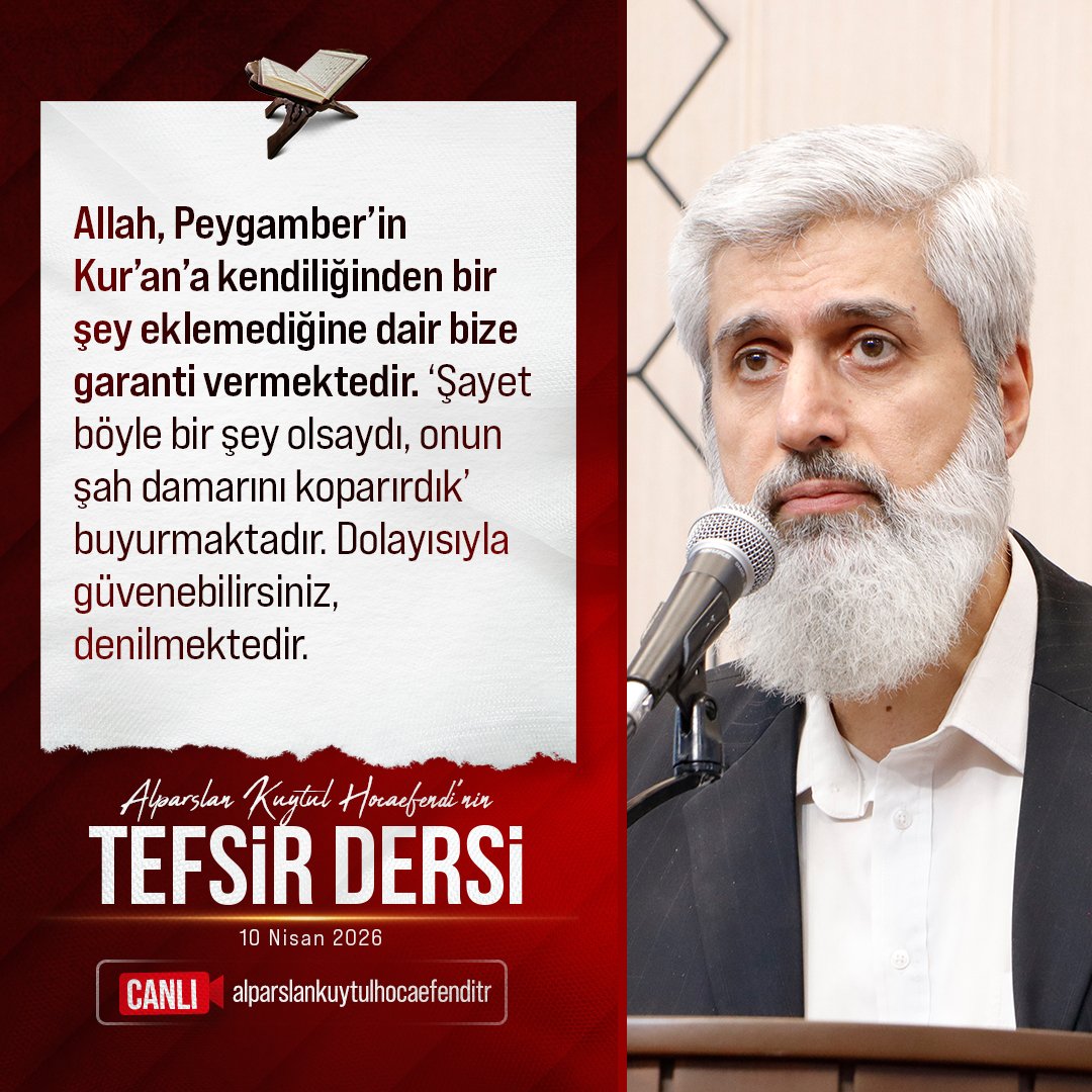 kuytulhoca's tweet photo. Allah, Peygamber’in Kur’an’a kendiliğinden bir şey eklemediğine dair bize garanti vermektedir. ‘Şayet böyle bir şey olsaydı, onun şah damarını koparırdık’ buyurmaktadır. Dolayısıyla güvenebilirsiniz, denilmektedir.

KıyametSuresi TefsirDersi
#AlparslanHocaylaTefsirDersi https://t.co/znAM9GcnYb