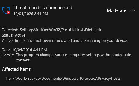 It would seem that <a href="/Microsoft/">Microsoft</a> is now flagging custom hosts files which block their telemetry as malicious hijackers...

Anything to try and scare people away from privacy I guess...