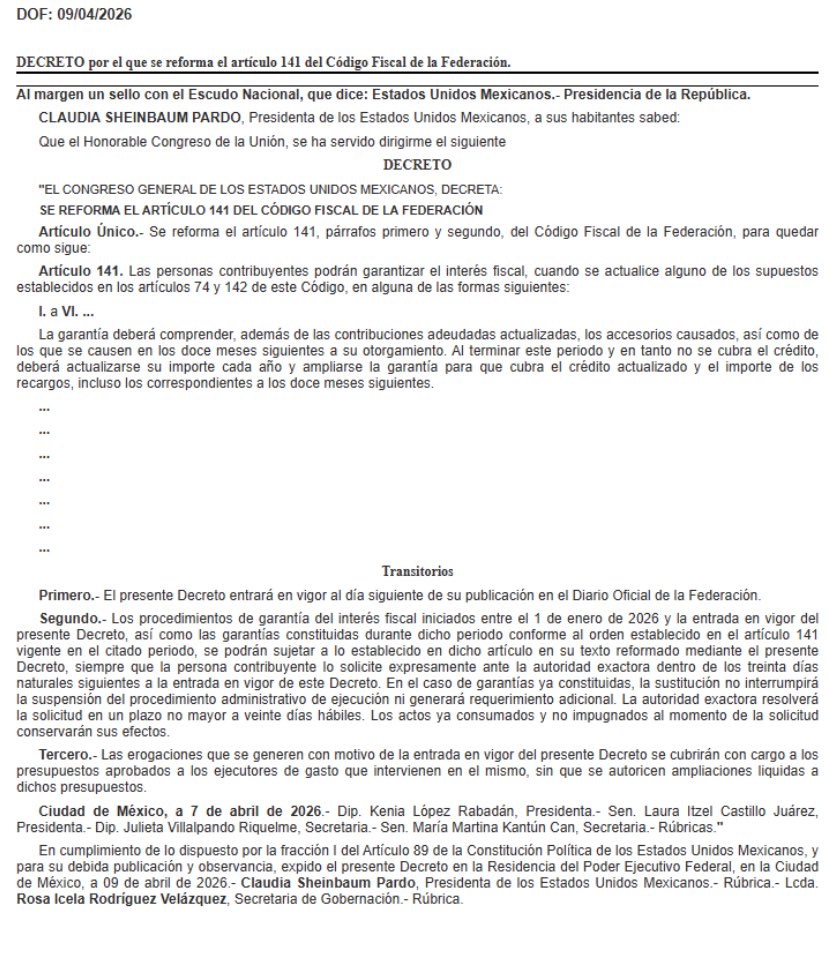 aida_aixa's tweet photo. En material notarial, ¿cuáles son algunos ejemplos en que los contribuyentes deben garantizar el interés fiscal?
Hay dos casos muy claros en que se garantiza el interés fiscal.
1. En el caso previsto en el artículo 120 de la Ley del Impuesto sobre la Renta #LISR, cuando el pago se reciba en parcialidades (el plazo para obtenerlo sea mayor a 18 meses). Se podrá pagar el impuesto que corresponda en los años calendario en los que efectivamente se reciba el ingreso, siempre que se garantice el interés fiscal.
2. En el supuesto previsto en el artículo 28 del Reglamento de la Ley del Impuesto al Valor Agregado. Se grava con este impuesto la enajenación de construcciones no destinadas a casa habitación. Sin embargo, si se vende una construcción no destinada inicialmente a casa habitación, por ejemplo, una oficina o un local comercial, se puede aplicar la “no causación” si en la escritura pública se asienta que el adquirente (a quien se traslada este impuesto) la destinará a ese fin y se garantiza el impuesto que hubiere correspondido.
Lo anterior, a cuenta de la reforma al artículo 141 del Código Fiscal de la Federación #CFF en materia de garantías del interés fiscal, publicada en el #DOF el 9/04/26. La reforma permite que los contribuyentes garanticen el interés fiscal con cualquiera de las formas previstas por la ley, sin sujetarse a un orden de prelación, que previo a esta modificación y, de manera efímera, obligaba a utilizar, en primera instancia, los billetes de depósito del Banco del #Bienestar. La garantía deberá cubrir el crédito fiscal actualizado, sus accesorios y los recargos futuros.