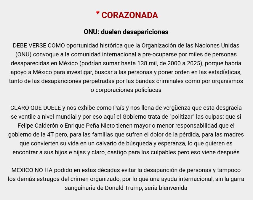 alcalorpolitico's tweet photo. #CORAZONADA ❤️‍🔥| ONU: duelen desapariciones.
#FelizViernes
#ChécaloEnAlCalor https://t.co/ziwoUXEDtS
