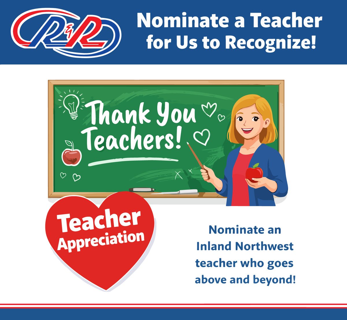 randrheating's tweet photo. Teacher Appreciation month is coming! Celebrate with us by nominating a teacher that has inspired you. At the end of April, we will select an educator to give $500 to improve their classroom. Comment on this post naming the teacher and the school they work at and why they rock. https://t.co/YT8mm1b6L3