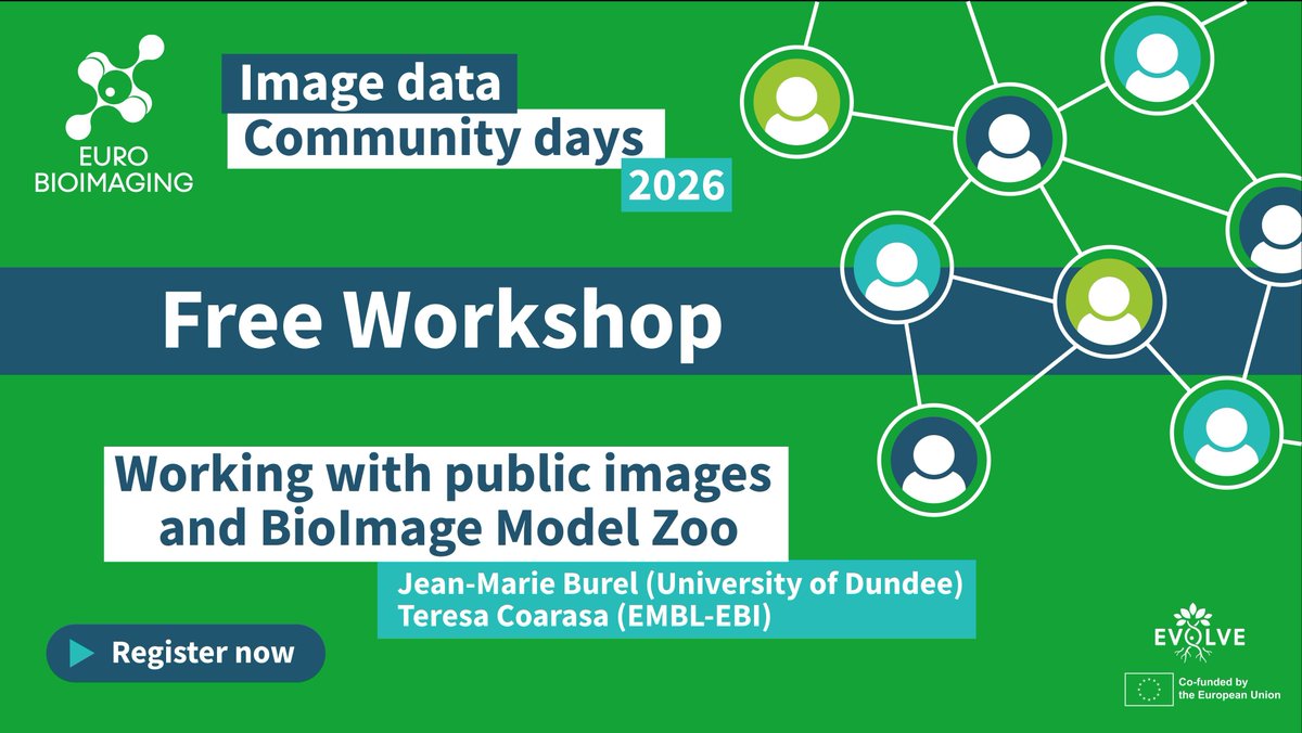 EuroBioImaging's tweet photo. Analyse public OME‑Zarr images using models from the BioImage Model Zoo! 🦒 Join us April 16 🕐️ 13:00–15:00 CEST — a perfect fit for Python 🐍 users ready for hands‑on work. @AI4LifeTeam
#OMEZarr #AIinScience #ImageAnalysis #Workshop
https://t.co/WK4iHXESkT https://t.co/huQxTbiCYq