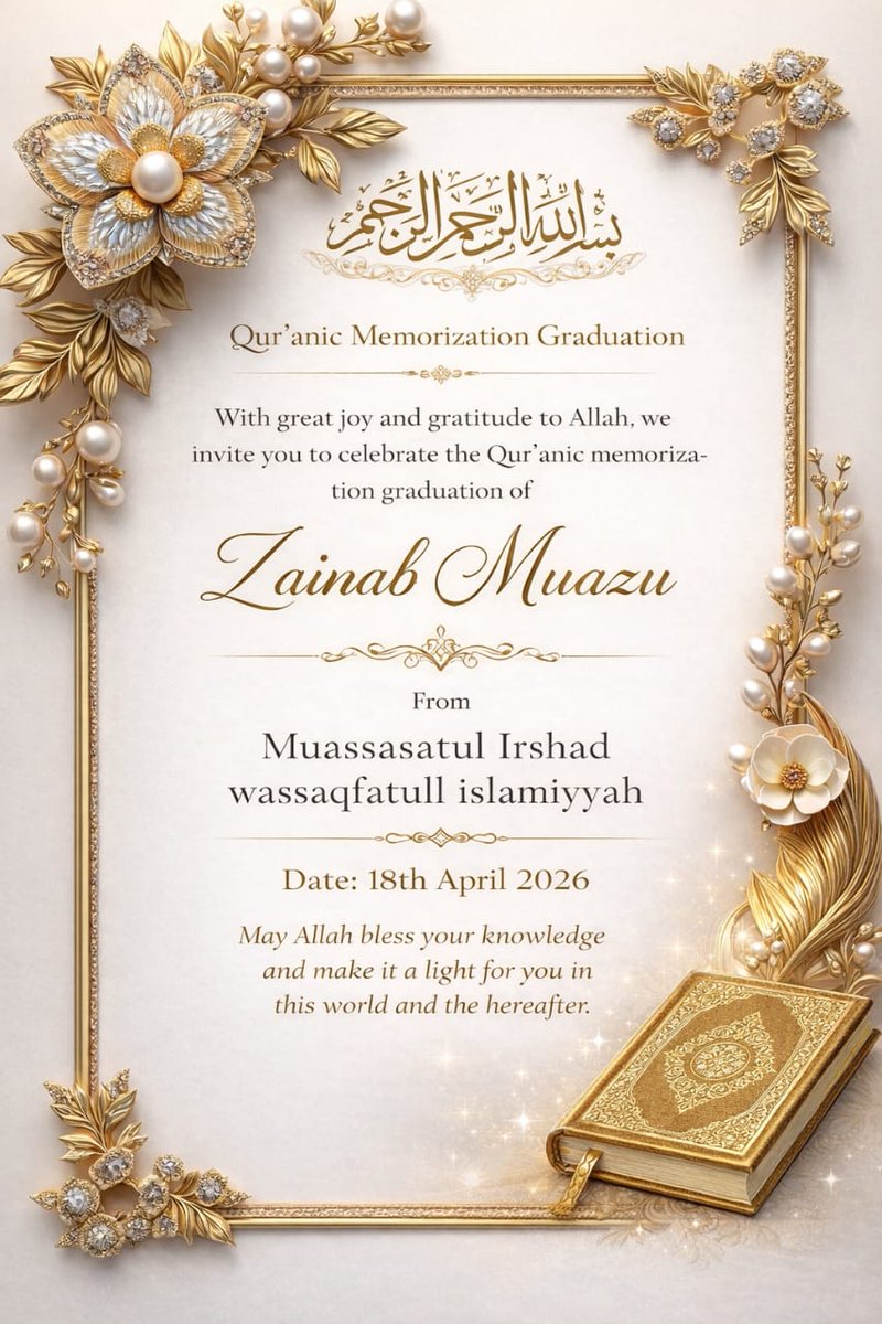 الحمد لله الذي بنعمته تتم الصالحات😊

ألف مبروك يا زينب 🎉 

On behalf of our online Islamiyyah; SCHOOL OF QUR'AN &amp; TAJWEED AND ISLAMIC STUDIES, I write to congratulate our sister in person of <a href="/Bintu_muaz/">Bintu_muaz</a>, having completed the whole Qur'an with memorization. Indeed this is great