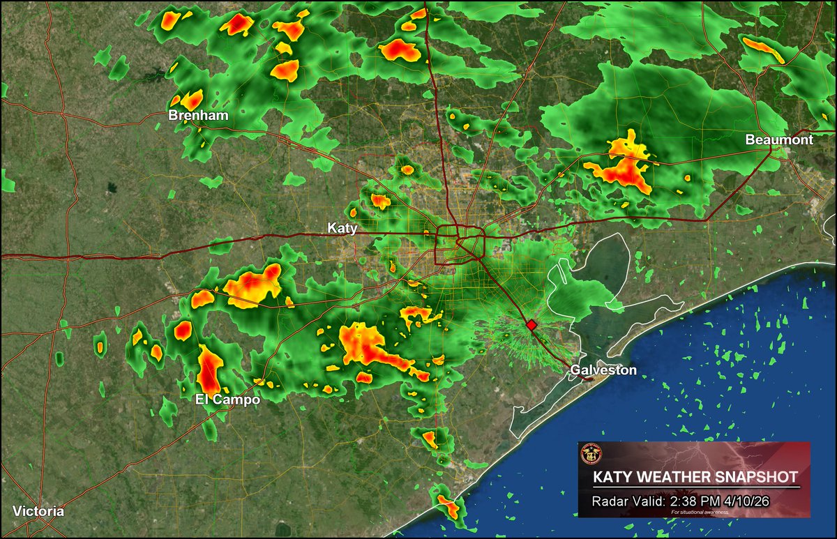 🌧️⛈️ Rain and storms moving toward Katy this afternoon.

Heavy downpours and lightning possible. Could slow the commute and lead to isolated street flooding.

Give yourself extra time and use caution on wet roads. Stay weather aware.