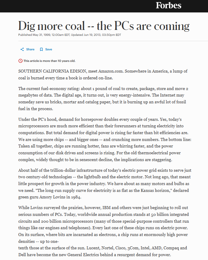 AndrewDamitio's tweet photo. Lost in the debates over AI/data center energy use is that computing becomes less energy intensive over time.

It's called Koomey's Law.

In 1999, Forbes predicted that 50% of 2009 energy use would power computers.

Obviously that didn't come to pass.  

https://t.co/KEeQIkVCx7 https://t.co/OFqxeNOtBc