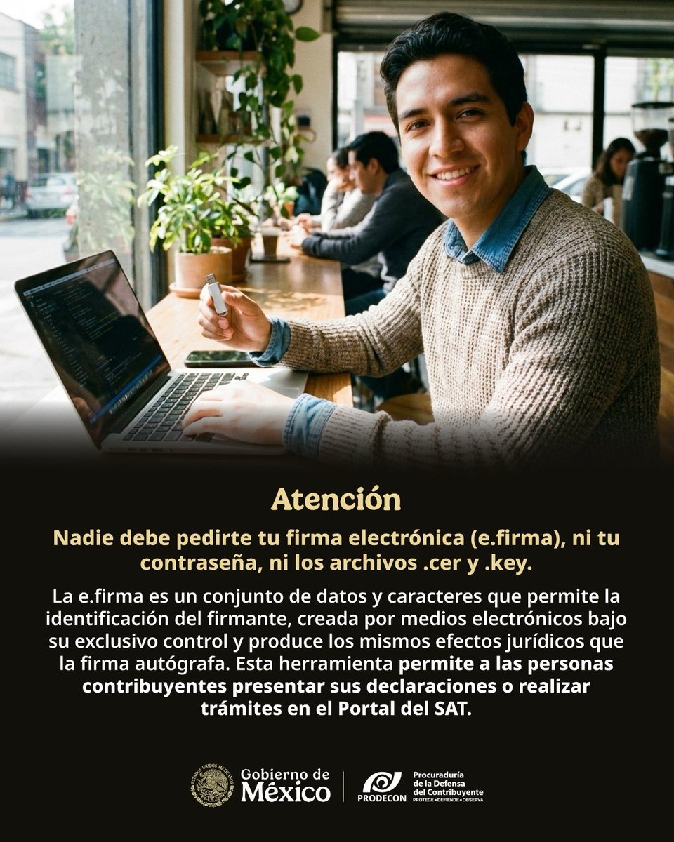 ProdeconMexico's tweet photo. #PRODECONTeInforma 📢

Deseas renovar tu e.firma, nosotros te apoyamos por medio del SATID siempre que el certificado haya vencido en un plazo menor a un año previo a la solicitud de renovación.

🔒Tu e.firma es personal e intransferible. ¡Protégela!

Si necesitas asesoría gratuita:

📩 Escríbenos: atencionalcontribuyente@prodecon.gob.mx

☎️ Llámanos:
CDMX: 55 1205 9000
Interior de la República: 800 611 0190

📲 Chatea en línea: https://t.co/M3dvxQS9Cx

📍Acude a tu oficina PRODECON más cercana https://t.co/ZRvZuP6HFR

#PorTiEstamosAquí