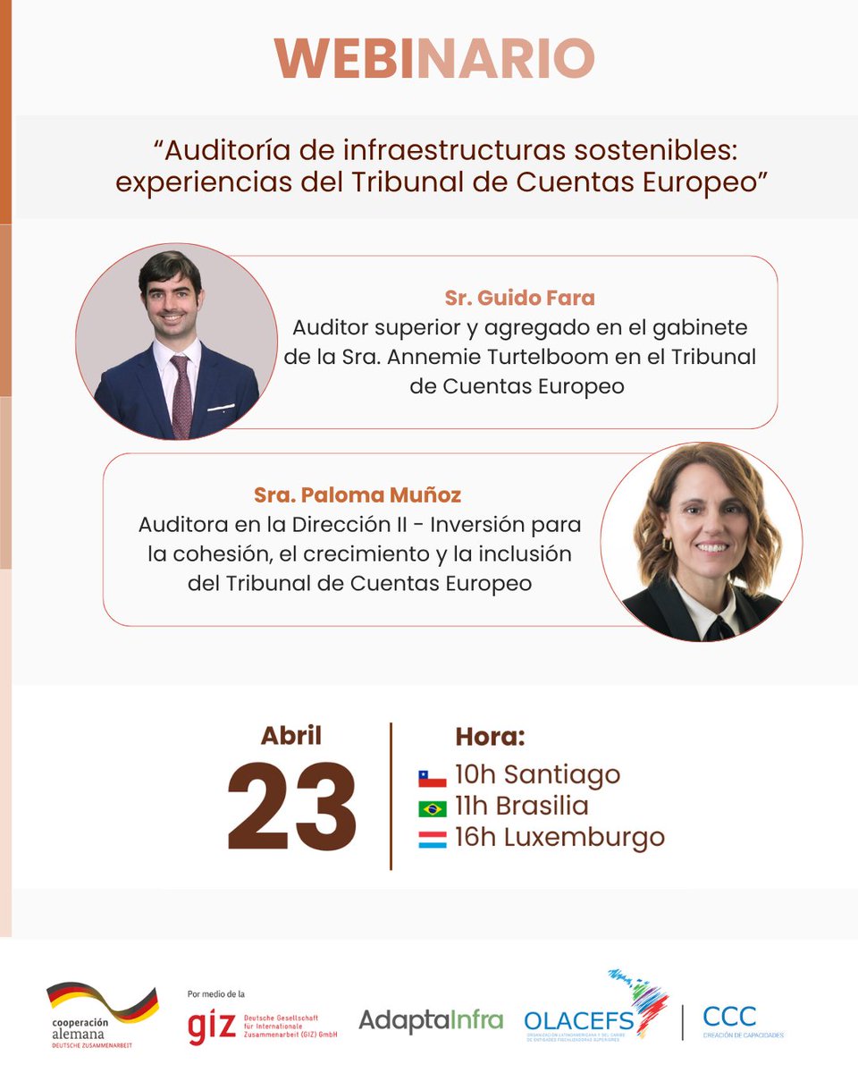 OLACEFS_oficial's tweet photo. 📅 GUARDA LA FECHA - 23 de abril

La GIZ Brasil te invita al webinario "Auditoría de Infraestructura Sostenibles", con expertos del Tribunal de Cuentas Europeo.

👉Participa: https://t.co/aSAcKo2CkK

#OLACEFS #AdaptaInfra https://t.co/ucgxj63K5R