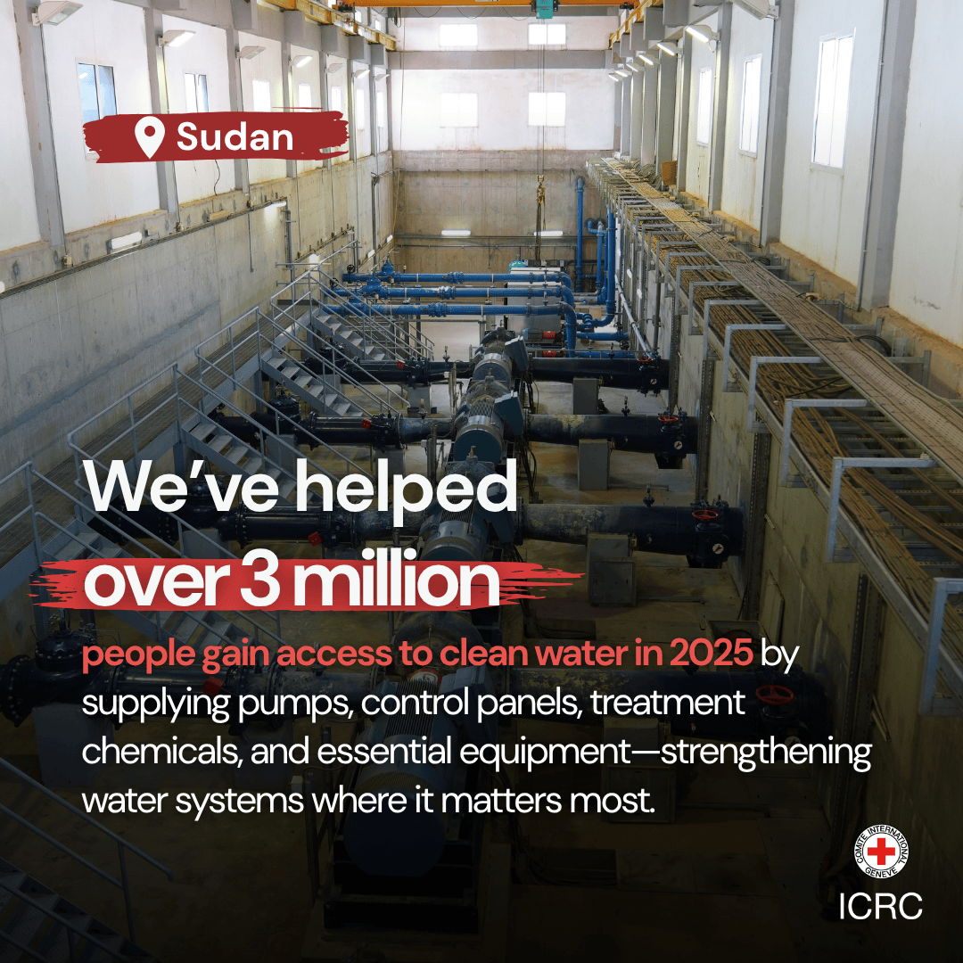 ICRC's tweet image. Since 2023, armed conflict in Sudan has caused immense human suffering, affecting millions as needs continue to grow.

Last year, we supported over 3.9M people, protecting communities, reconnecting families, restoring water and healthcare, and delivering emergency relief. 👉🏼