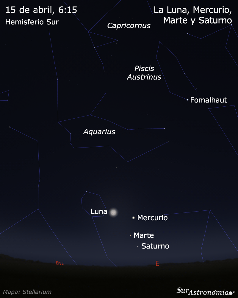 surastronomico's tweet image. Antes del amanecer del día 15/04 se podrá ver a baja altura en el horizonte este a la Luna, con una fina fase del 6%, junto a Mercurio, Marte y Saturno. La observación del evento va a necesitar de un buen horizonte 🌒

#astronomia #amanecer #luna #mercurio #marte #saturno