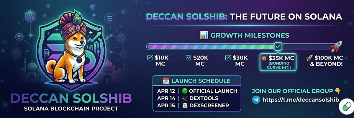 SolShibTokens's tweet photo. 🚀 Deccan SolShib is the next big wave on Solana!🐕💎

🎯 First target: Smash the $35K MC Bonding Curve!
🟢 Launching: April 12th
🦅 Dextools/Dexscreener: Apr 14-15

Don't miss the Deccan revolution. Be early!
🔗 https://t.co/QDLZwmU9so

#Solana #Memecoin #DeccanSolShib #Pumpfun https://t.co/785wNV894m