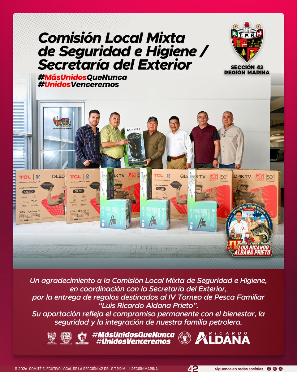 Nuestro líder Luis Gerardo Pérez Sánchez agradece a la Comisión Local Mixta de Seguridad e Higiene, que en conjunto con la Secretaría del Exterior, hicieron una generosa entrega de regalos para el IV Torneo de Pesca Familiar “Luis Ricardo Aldana Prieto”.

Su participación