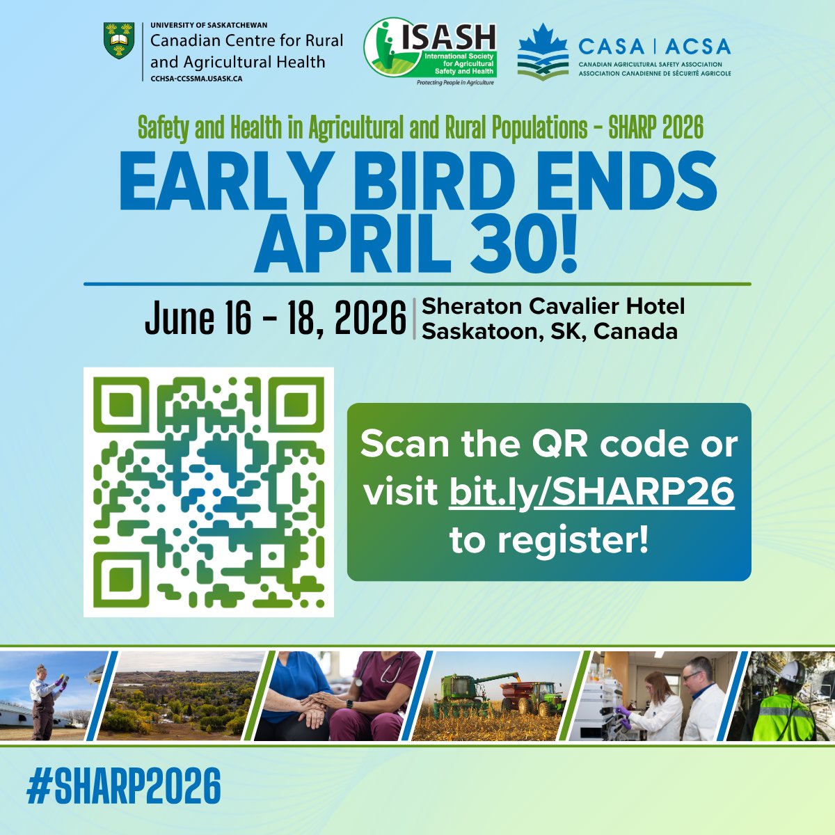USaskCCRAH's tweet photo. Early Bird Registration for SHARP 2026 ends April 30, 2026! 
Don’t miss discounted rates, register now and join us at SHARP 2026 on June 16-18 in Saskatoon! https://t.co/cKe3C5de4e

#SHARP2026 @real_isash @planfarmsafety https://t.co/cvs0jERHkr