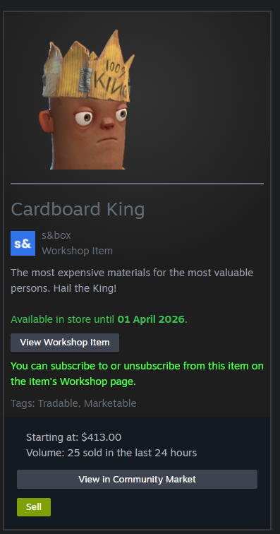 Swan_inv's tweet photo. The @s8box market has been exploding (Cardboard King now over $400!), and with it comes a lot of investors wondering how they can join in on the action!

A recent project I was introduced to covers exactly that

Join the S&amp;box market hub discord here👇
https://t.co/QNKYLSFM8k https://t.co/aUG5nk3Dt6