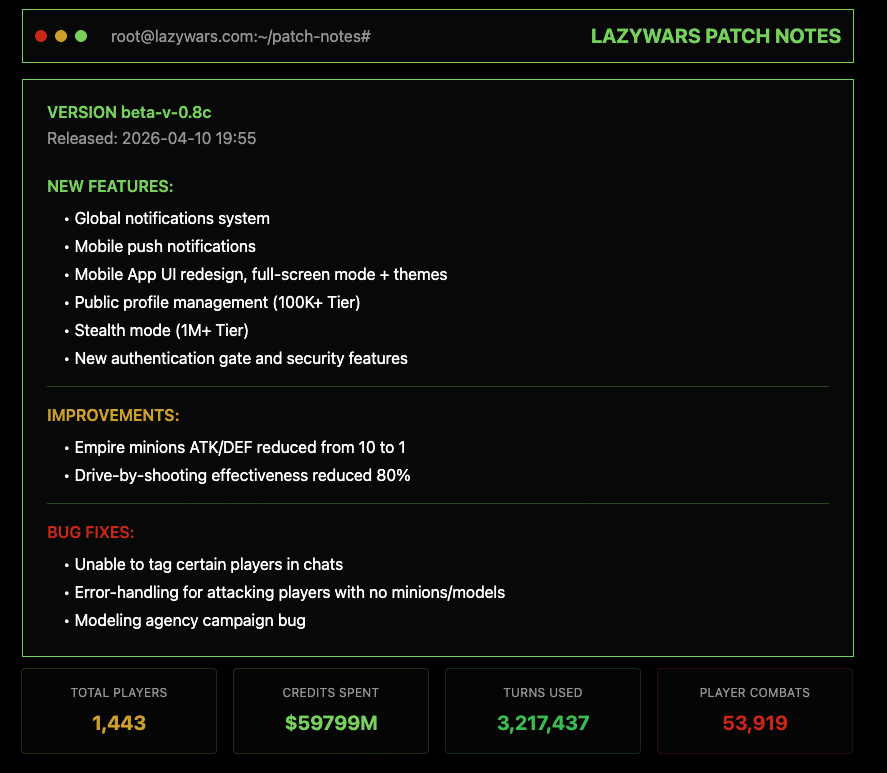 LazyWars beta-v-0.8c Release:

Update is not required to play at this time.

Web Desktop/Mobile:
lazywars.com

Android Direct-Download:
github.com/NinjaProtocol/…

Solana Store:
(Review may take up to 3 days)