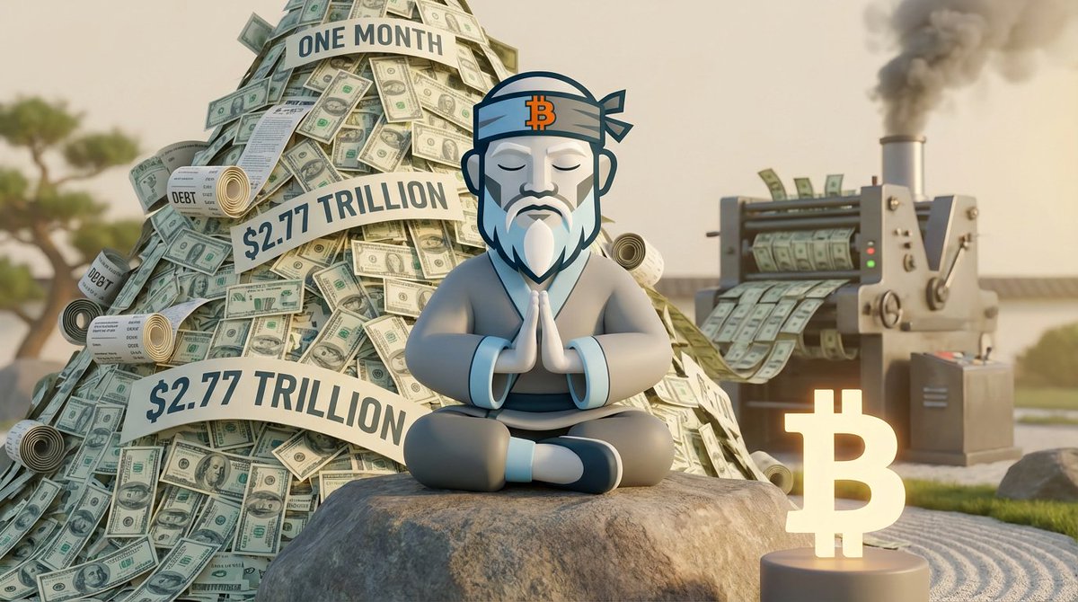 BitcoinSensei21's tweet photo. $2.77 trillion in new debt. One month.

Your raise didn't grow that fast. Your savings didn't grow that fast. Nothing you own grew that fast — except the problem.

The printing press doesn't sleep. 21 million never changes.

#Bitcoin #HardMoney

https://t.co/WpISXx9jjf https://t.co/DW5kMxklmZ