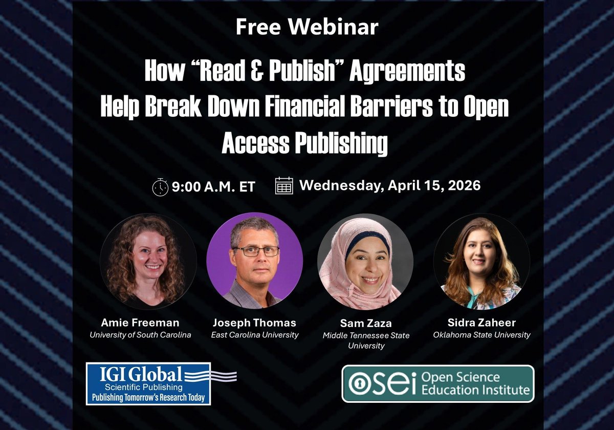 igiglobal's tweet image. Don't forget to register for Wednesday's webinar, "How “Read &amp;amp; Publish” Agreements Help Break Down Financial Barriers to Open Access Publishing," to be held at 9 AM ET via Microsoft Teams.

Register: buff.ly/3610WB4
 
#FreeWebinar #ScholarlyCommunication #Research #OA