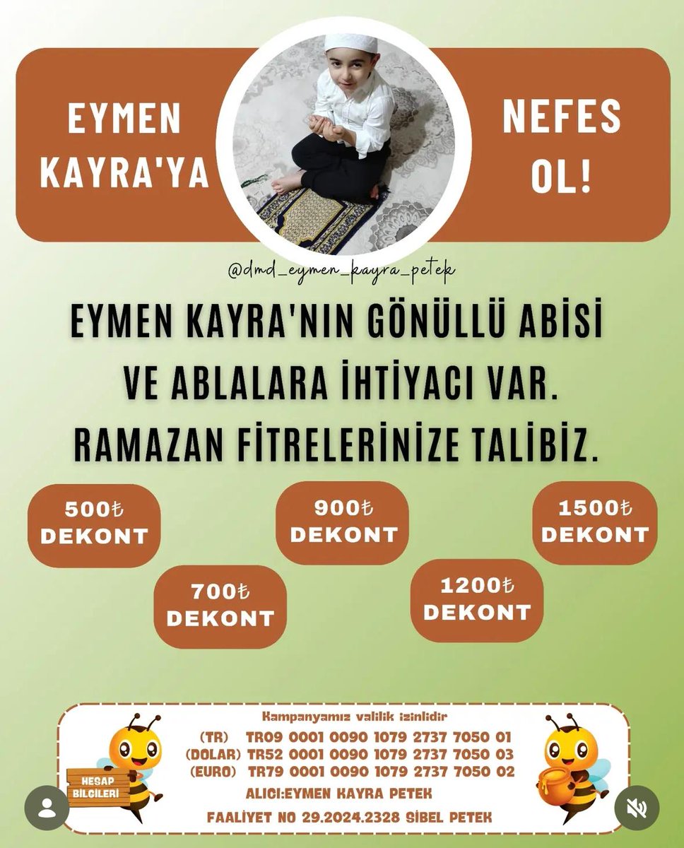 DMD  hastası Eymen Kayra’nın gönüllü abla ve abilere ihtiyacı var 💙  bağışlarınıza talibiz.
Bir paylaşım, bir umut olur 
TR09 0001 0090 1079 2737 7050 01
 Eymen Kayra Petek Not: Valilik izni mevcuttur.