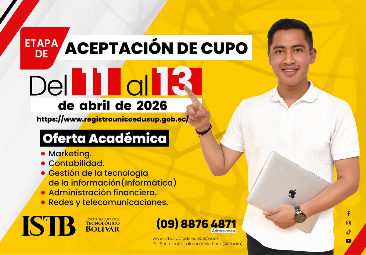 ¡YA PUEDES ACEPTAR TU CUPO!

⏳ Período de aceptación:
📅 Desde el 11 al 13 de abril de 2026

⚠️ IMPORTANTE: Solo podrás aceptar tu cupo dentro de este plazo y con el mismo usuario y contraseña del registro nacional.

🔗 Acepta tu cupo aquí:
👉 registrounicoedusup.gob.ec