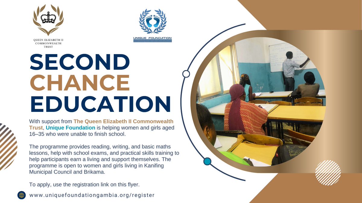 UFNon's tweet photo. We’re excited to launch Phase 2 of our Second Chance Education Programme, supported by the @queenscomtrust.

For women &amp; girls (16–35) who missed schooling, gain literacy, exam prep &amp; skills training.

Free | Limited spaces
Apply: https://t.co/K2gKJWAb79
#GirlsEducation #Gambia https://t.co/qHltFcBE95