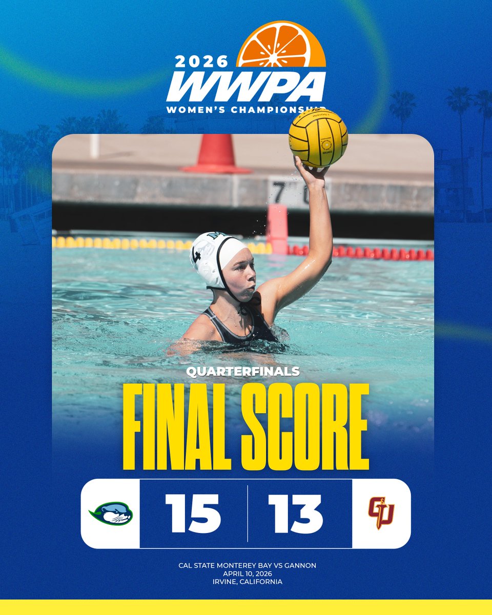 TheWWPA's tweet photo. Otters advance 🦦

Cal State Monterey Bay fends off a fourth-quarter rally by Gannon and advances to the semifinals to take on No. 1 West seed Concordia on Saturday.

🔹 Gutierrez: 4g, 2a
🔹 Harris: 3g, 1a
🔹 Tully: 2g, 2a
#ncaawaterpolo https://t.co/uMip3GLRPn