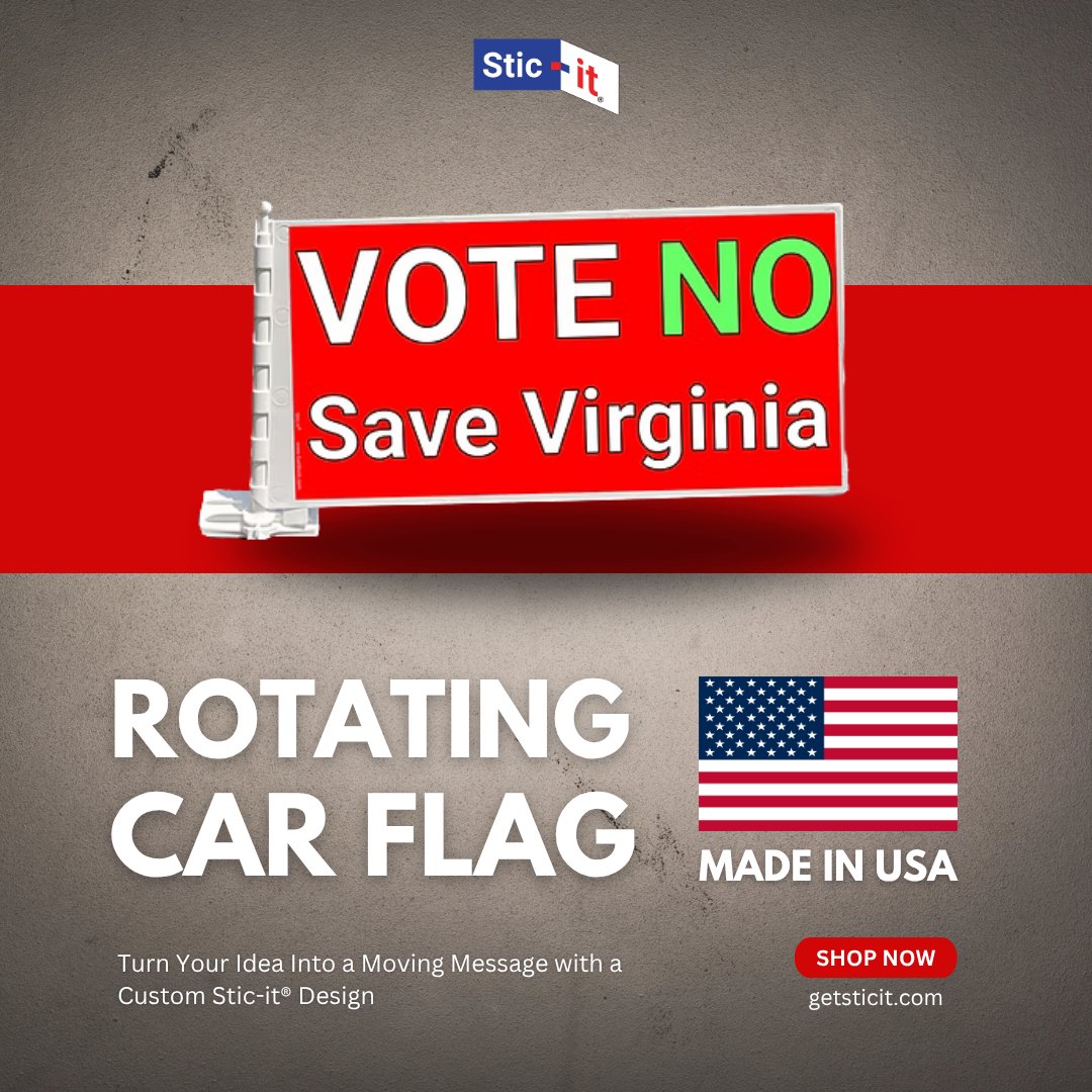 getsticit's tweet photo. 🚗🇺🇸 Make your voice heard from the driver's seat!

The Vote No – Save Virginia car flag from Stic-it® is the bold, eye-catching way to show where you stand — on both sides of the sign!

👉 Grab yours: https://t.co/xJs6lkzfds https://t.co/xs5f2IIkd8