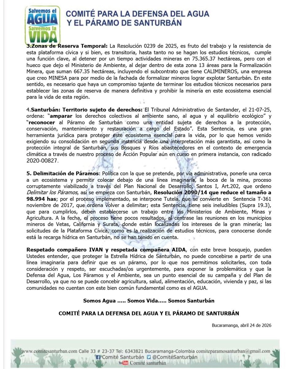 Ante los riesgos q persisten por la explotación minera, hacemos un llamado a <a href="/IvanCepedaCast/">Iván Cepeda Castro</a> y <a href="/aida_quilcue/">Aida Quilcué</a> para que la defensa del agua y Santurbán sea una prioridad en la agenda pública

Se requieren decisiones urgentes q garanticen su protección integral
#SanturbánSeDefiende