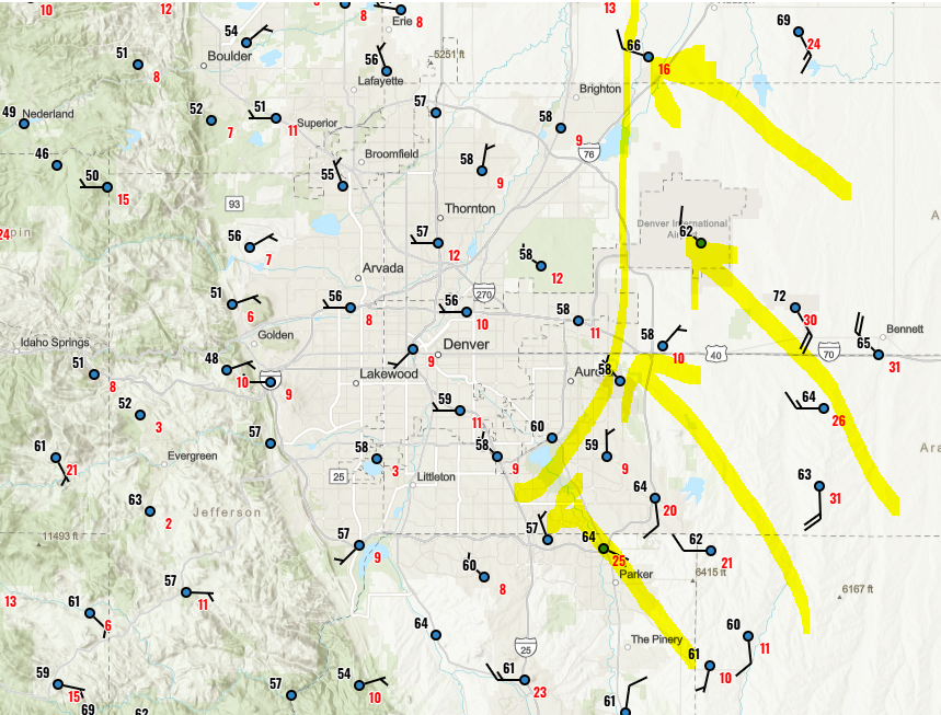 BianchiWeather's tweet image. Denver cyclone is pulling in warmer air and more moisture from the southeast. Boundary is roughly from the airport down I-225. 

That boundary could be a spot to watch for a landspout (short-lived tornado) or two this afternoon.

#COwx