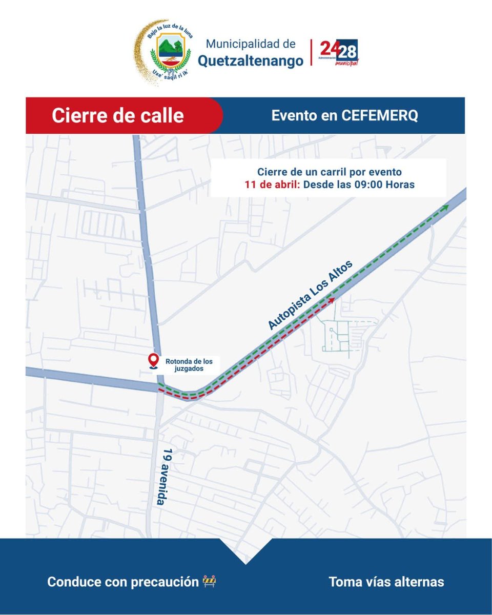 stereo100xela's tweet photo. 🔴 CIERRE TEMPORAL EN CEFEMERQ POR CAMPAÑA EVANGELÍSTICA | Por motivo de una campaña evangelistica en las instalaciones de Cefemerq, este  11 de abril, de 9 a 21 horas, habrá cierre temporal en la autopista Los Altos, zona 6 de #Quetzaltenango.

Vía Osmar Toc

#Stereo100Noticias https://t.co/YKJj5Hkljy