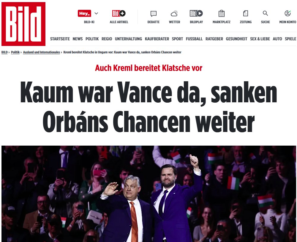 😎.... 🍿

"Bei der letzten Parlamentswahl (2022) hatten Meinungsforscher lange Zeit die Opposition vorn gesehen, am Ende behielt Orbán sogar seine Zweidrittelmehrheit für weitere vier Jahre."
bild.de/politik/auslan…