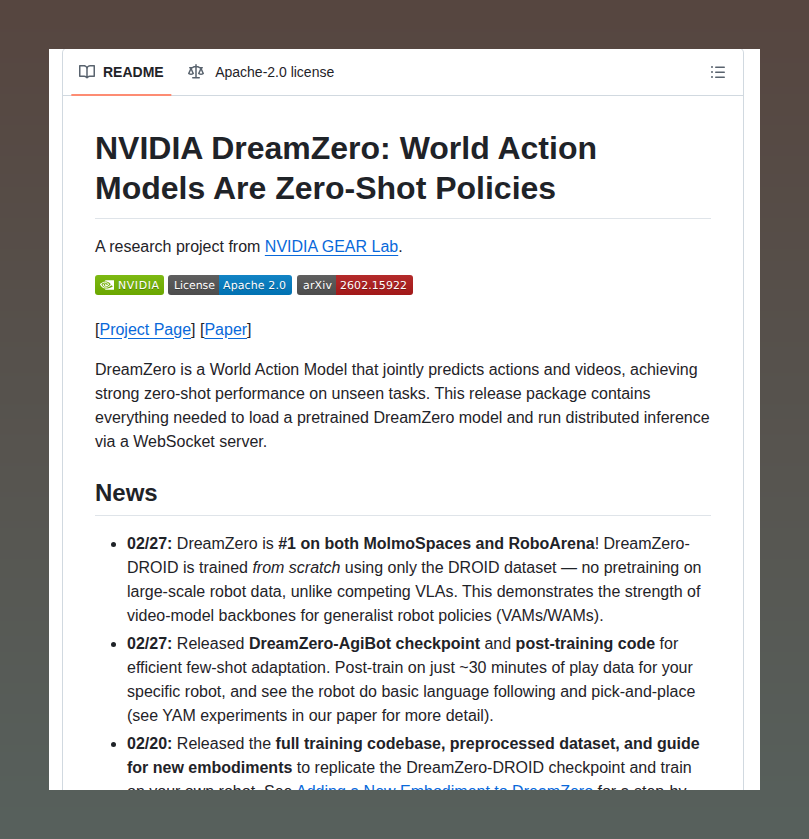 tom_doerr's tweet image. Zero-shot world action models for robots

github.com/dreamzero0/dre…