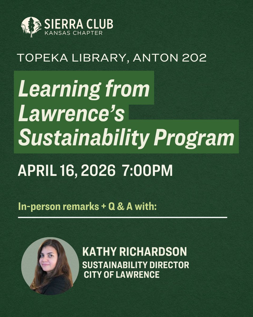 🙋 Join the Topeka Network Thursday, April 16 at 7:00 P.M. to hear from Sustainability ♻️ Coordinator of Lawrence, Kathy Richardson, about how the Sustainability office in Lawrence, KS got established (something we'd like the city of Topeka to do 🥲🙏)

#SierraClubKansasChapter