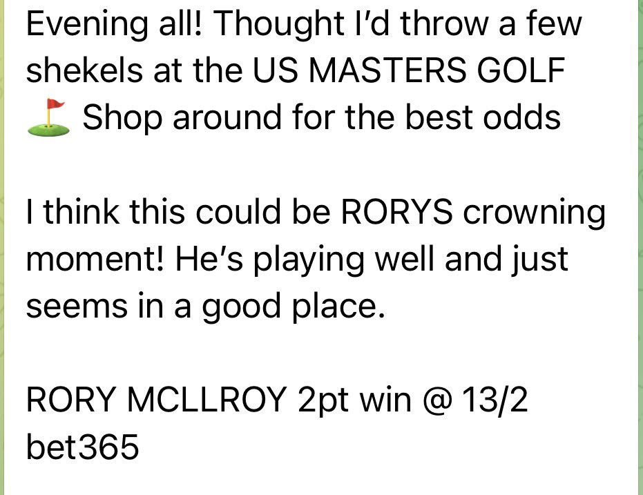 SO THIS HAPPENED LAST YEAR IT WAS SOME WEEKEND 🏇🏇 ⛳️ 

33/1 WINNER OF THE GRAND NATIONAL 
13/2 US MASTERS WINNER 

SEE WHAT WE HAVE IN STORE FOR TOMMOROW 

CLICK THE LINK GET INVOLVED 🏇🏇

t.me/Sid365_Bot?sta…