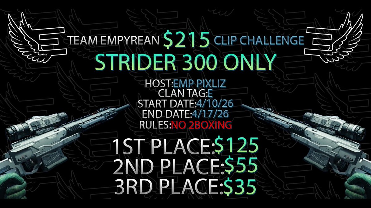 With the help of <a href="/Pixliz2/">Emp Pixliz</a> we are hosting a $215 clip contest for the new sniper on BO7. You guys have a week to hit clips 👀

Join our Discord for more information. 
discord.gg/5Yh5Sb6dS