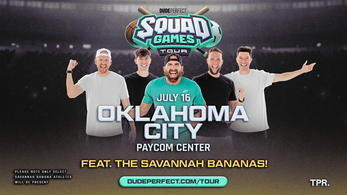 PaycomCenter's tweet image. 🚨 GUEST SQUAD ALERT! The Savanah Bananas are joining Dude Perfect in #OKC on July 16 at #PaycomCenter! Bring your squad and get ready for a night of battles, trickshots, and MORE!

🎟️: bit.ly/DPOKTix26

Please note only select Savannah Banana athletes will be present.