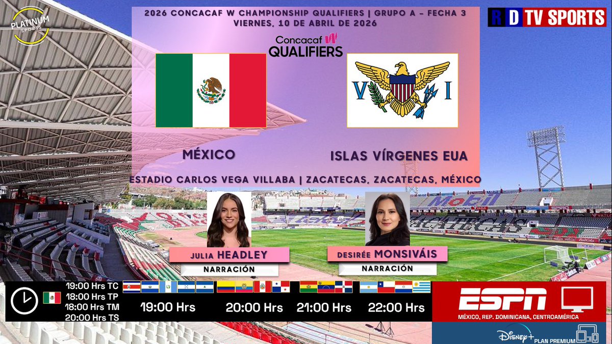 ramonovic09's tweet image. #ConcacafW #Qualifiers #Fecha3 | 🇲🇽 #México 🆚 #IslasVírgenesEstadounidenses 🇻🇮

📝 Hoy
🇲🇽⏰ 19:00 Hrs TC, 18:00 Hrs TP
🇨🇷🇸🇻🇬🇹🇭🇳🇳🇮 19:00 Hrs
🇵🇦🇨🇴🇵🇪🇪🇨 20:00 Hrs
🇧🇴🇻🇪🇩🇴 21:00 Hrs
🇦🇷🇨🇱🇵🇾🇺🇾 22:00 Hrs
📺 @ESPNmx 
📺 @ESPN_CENAM 
📱💻 @disneyplusla 🇲🇽, CENAM, SUDAM Plan Premium 
🎤