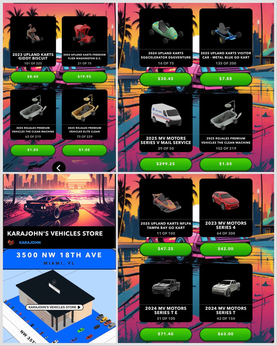 s_karajohn's tweet photo. **KARAJOHN’S VEHICLES SHOWROOM**
You can choose Upland Cars / Stock Cars & Karts plus real designer karts from a big variety! Many vehicles at the lowest price of the market!!
👉 3500 NW 18TH AVE, MIAMI
#uplandme #vehicles #cryptocars #nfts https://t.co/67fANYytol