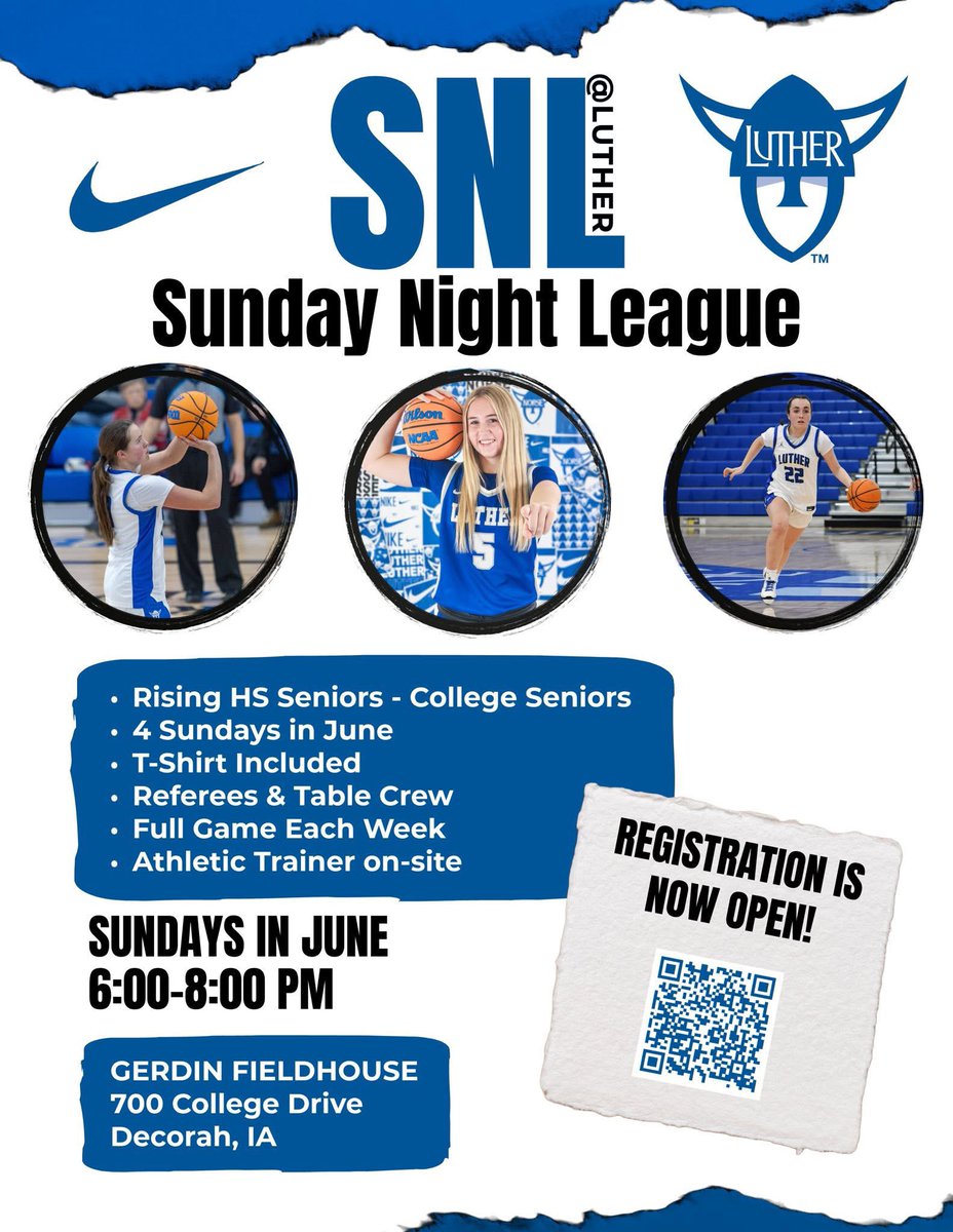 LutherWBB's tweet photo. June is coming up soon!!! Sign up to get some competitive games in this summer, every Sunday night! ⛹🏽‍♀️🏀

Includes: 
•T-Shirt 
•Referees, Table Crew &amp; Athletic Trainers 
•Full Games

Registration is open🔥 https://t.co/sKTLdag9nW