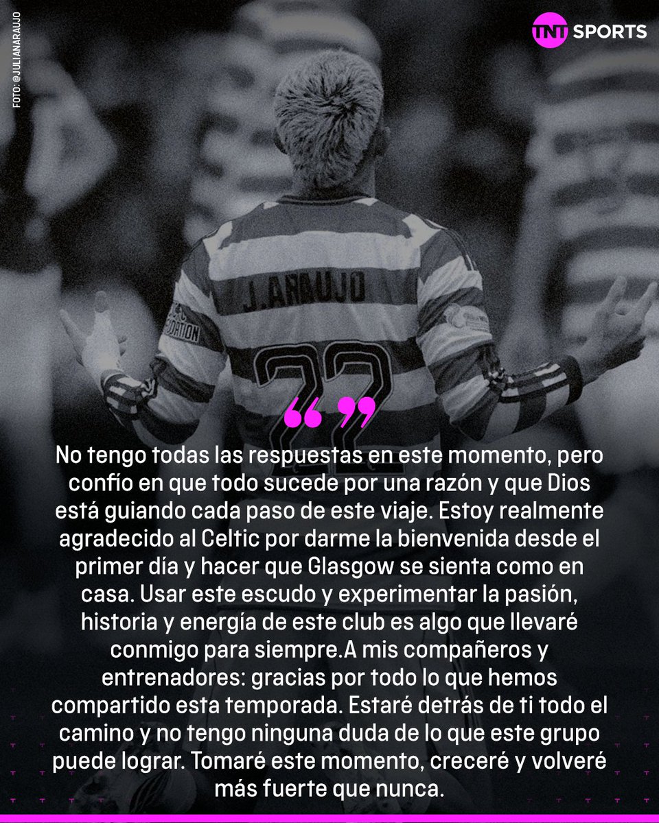 tntsportsmex's tweet photo. ¡Con sabor a despedida! 👋

El mensaje de Julian Araujo luego de que se diera a conocer que no volverá con Celtic debido a su lesión. 🤕

El préstamo del mexicano concluye en junio y deberá volver a Bournemouth. 🔙🇲🇽 https://t.co/ddECFJSNRv
