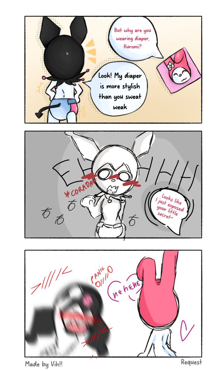 naransus's tweet photo. Posting this old commission I requested from Vih of My Melody and Kuromi! This commission was never posted on Twitter years ago x3

That's why kuromi is like an angry diaper girl! XD
Request by Vih https://t.co/FsOWP3HlPd