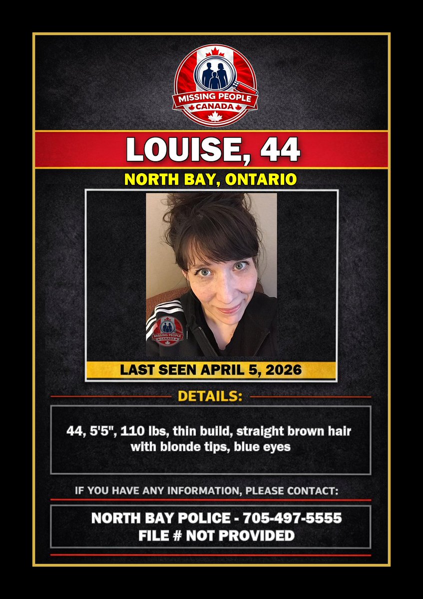 Missing_CA's tweet image. 🔗 Full story: missingpeople.ca/missing-woman-… 

🧭 MISSING WOMAN IN NORTH BAY, ONTARIO - LOUISE, 44 - LAST SEEN APRIL 5, 2026 

📍 #NorthBay #ON #Ontario