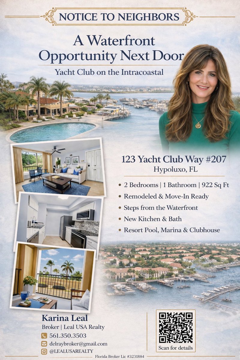 karinaleal's tweet photo. Waterfront living meets flexibility in South Florida.

Remodeled 2BR condo at the Yacht Club on the Intracoastal
✔ No rental restrictions
✔ Investor-friendly
✔ Resort-style amenities

📍 Hypoluxo, FL

Text me: 561-350-3503
#WaterfrontLiving #PalmBeachRealEstate #InvestorFriendly #SouthFloridaHomes #Intracoastal