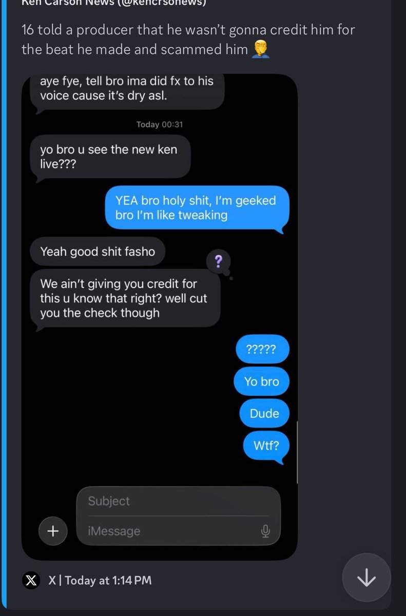 3vvudu's tweet photo. @kencrsonews fuck yall talkin about. This dude Kuki / imsooxy / ulisess Castro been known for lying out his ass. This straight proof 16 had nothin to do with it. He told me this text was thru a MIDDLEMAN and a made up producer. https://t.co/WLtrsMnMxt