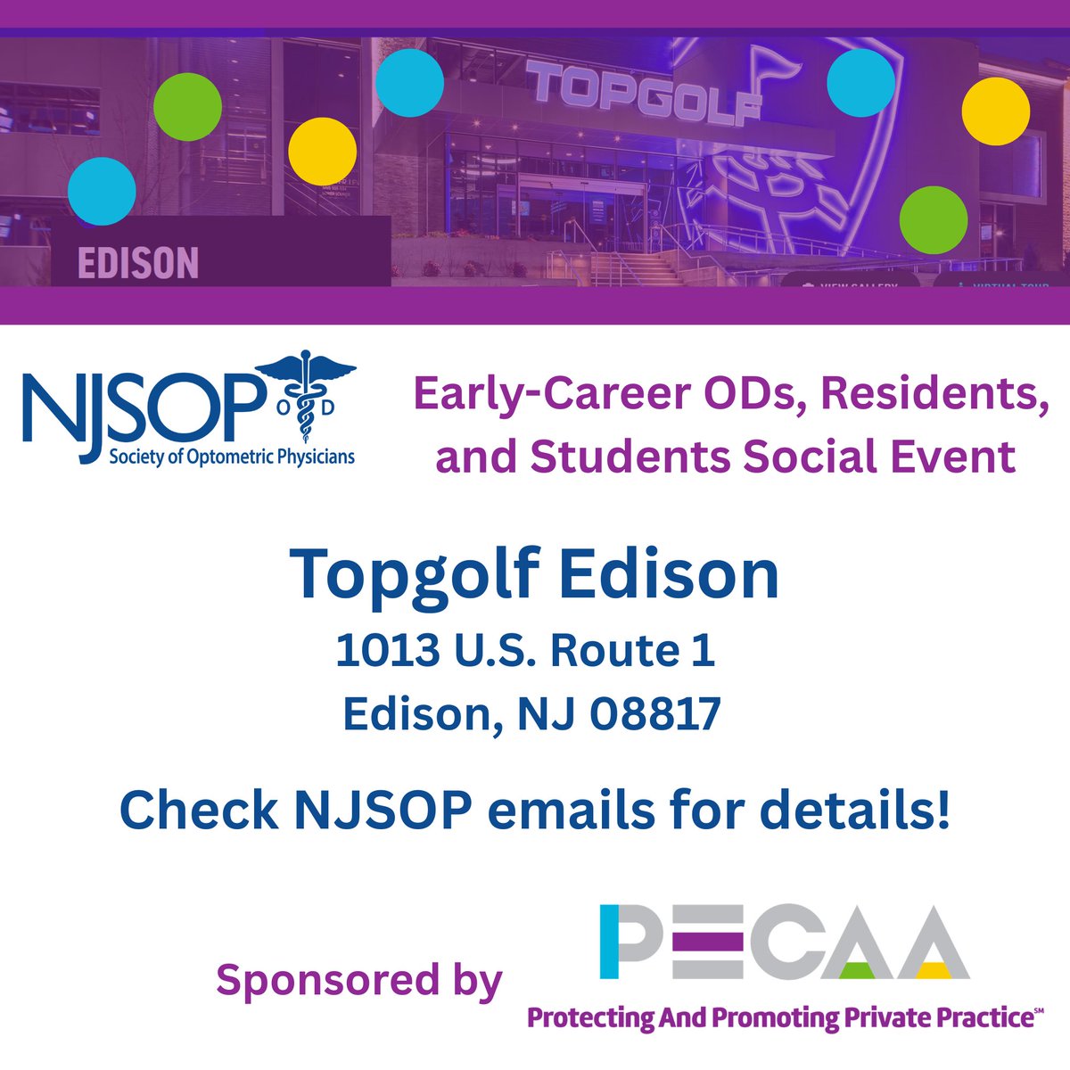 NJeyedocs's tweet image. Calling YODs and Students!  PECAA is hosting an NJSOP Young OD and Student Social Event this month at Topgolf in Edison.  Be sure to check your NJSOP email and pre-register!

#NJSOP #YoungODs #PECAA #NetworkingEvent