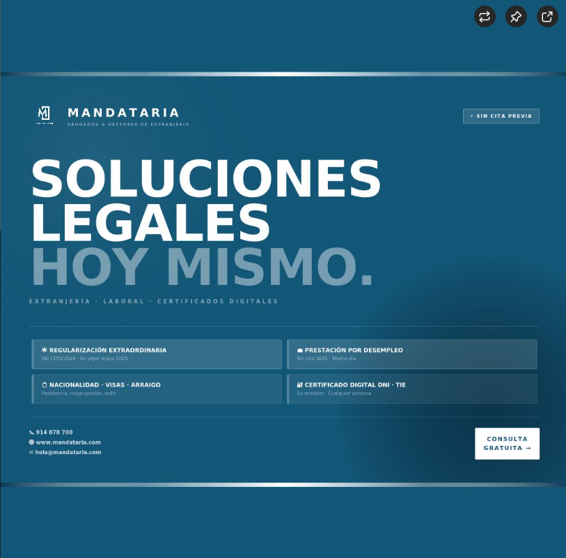 somosmandataria's tweet image. @somosmandataria
¿Necesitas regularizar tu situación, solicitar el paro o conseguir tu certificado digital? En Mandataria lo gestionamos hoy mismo, sin cita previa y sin esperas.   #Extranjería #RegularizaciónExtraordinaria #Arraigo #NacionalidadEspañola #CertificadoDigital