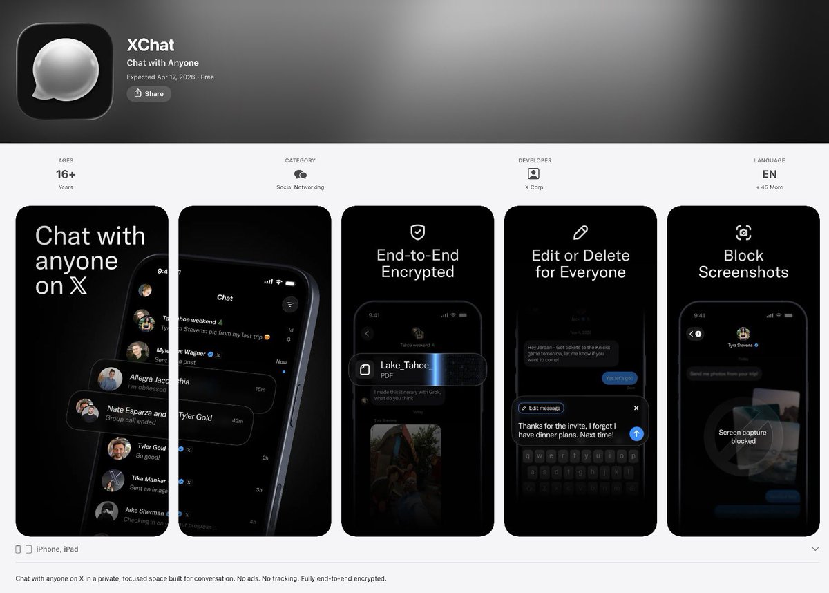 Hoxygo's tweet image. 🚀 تطبيق دردشة خاص بمنصة X قادم قريبا  

XChat  

محادثات مشفرة داخل تطبيق مستقل  
بعيد عن الرسائل التقليدية  

ما زال في مرحلة الطلب المسبق  
ونشوف كيف بيكون فعليا عند الإطلاق

apps.apple.com/us/app/xchat/i…